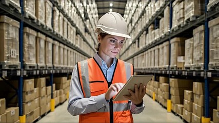 An inventory worker examines inventory data using a tablet within a storage warehouse. - Powered by Adobe