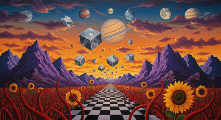 Surreal landscape with vibrant colors featuring sunflowers and cosmic elements under a dramatic sunset sky Generative AI