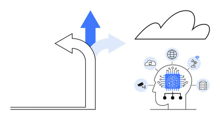 Abstract neural technology embedded in a human head with icons for data, cloud, AI tools. Blue arrow symbolizes progress and decision-making. Ideal for AI, innovation, cloud technology, data