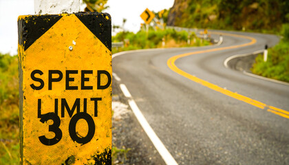 Curved Winding Road Sign Indicating Speed Limit of Thirty Surrounded by Lush Greenery in Mountains