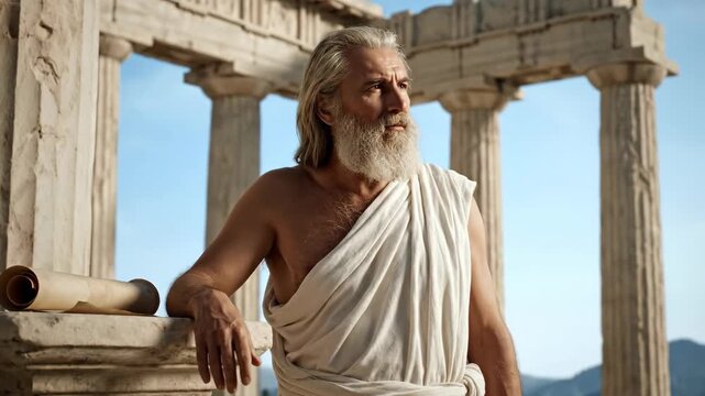 Ancient Philosopher in Thought at Historic Greek Temple Ruins