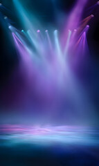 Dynamic stage lighting effects create a vibrant and immersive atmosphere perfect for background designs or adding a dramatic flair with vibrant blue and purple light display and