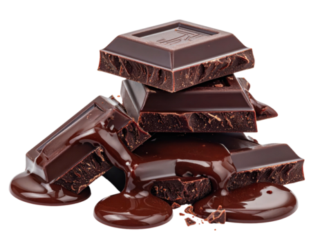 Close-up of stacked squares of dark, rich chocolate, with some melted