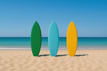 Three colorful surfboards standing upright on sandy beach by the ocean under clear sky. Illustration by Generative AI