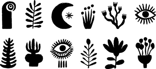 Obraz premium Celestial and nature inspired silhouettes: moon, leaves, stars, and eyes for creative design