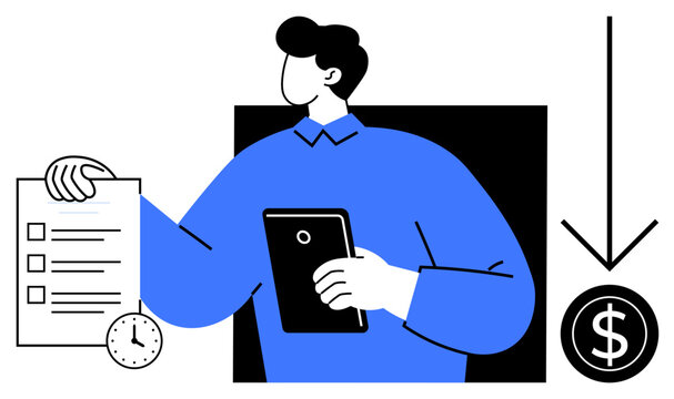 Person holding checklist and tablet with a clock icon, next to a dollar sign and downward arrow. Ideal for financial management, time efficiency, budget planning, productivity, cost reduction
