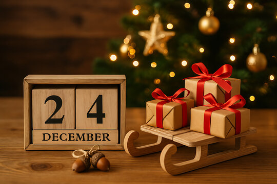 Wooden calendar block showing december 24th with gift boxes on a tiny sleigh and acorns against a blurred christmas tree background holiday eve