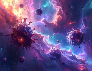 Artistic rendering of virus particles floating in a nebula