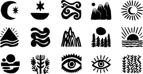 Naklejka premium Celestial night themes with moon, stars, mountains, waves, and eyes for design