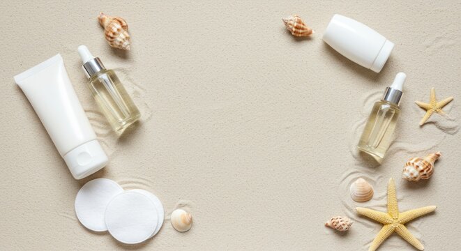 Zen beach vibes: skincare product display in sandy coastal background - Powered by Adobe