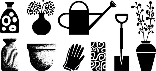 Fototapeta premium Spring garden essentials: watering can, gloves, potted plants, and gardening tools for nature lovers