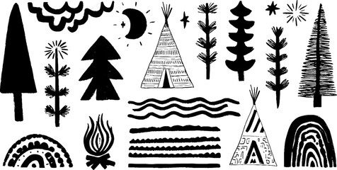 Summer evening camping scene with moon, stars, and campfire illustrations for print design