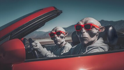 Two aliens wearing red sunglasses drive a red convertible through a desert with mountains in the background Concept Aliens in red sunglasses, Red convertible, Desert landscape, Mountain backdrop