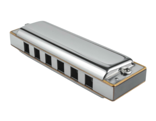 Shiny, silver instrument with rectangular shape and multiple openings on black