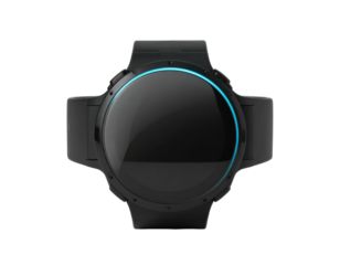 Sleek, modern black smartwatch with a reflective screen and blue circular accent