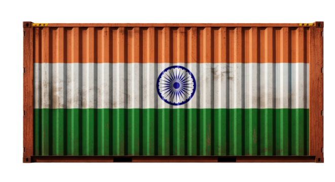 Shipping container with indian flag design for global logistics and trade symbolism isolated on transparent background