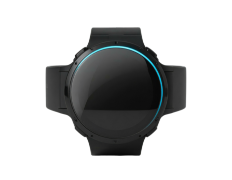 Sleek, modern black smartwatch with a reflective screen and blue circular accent
