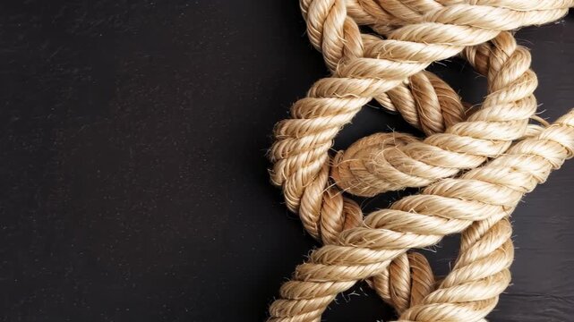 Close-up view of twisted natural rope on a black background, perfect for various design applications. Ideal for craft projects, photography, and more.