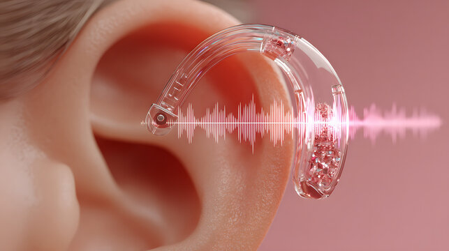 Transparent hearing aid on a pink ear. Modern deaf tech with sound wave. Solution for hearing impairment and deafness.