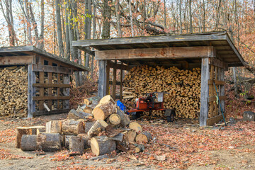 Fototapeta premium firewood being split and stacked into a drying shed in fall shot in the Ottawa Valley