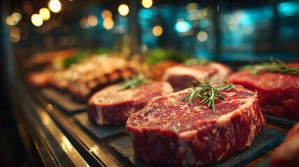 Fresh red meat cuts displayed in refrigerated butcher shop case