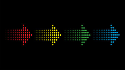 Four halftone arrows in red, yellow, green, and blue are aligned horizontally on a black background with a futuristic gradient dot effect.
