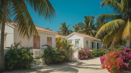 Tropical beachfront houses with palm trees under the bright sun.