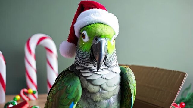 A vibrant green parrot wearing a festive Santa hat sits in a box filled with Christmas decorations. The playful bird, surrounded by candy canes and gifts, embodies holiday cheer and joy.