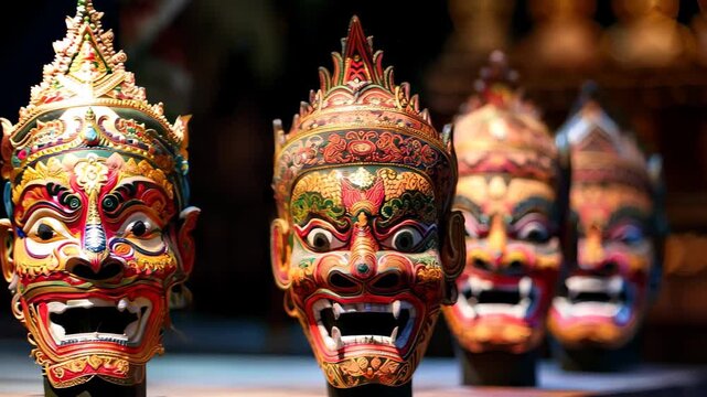 This image showcases colorful traditional masks used in cultural performances, reflecting rich heritage and artistry. The masks symbolize emotions and stories.