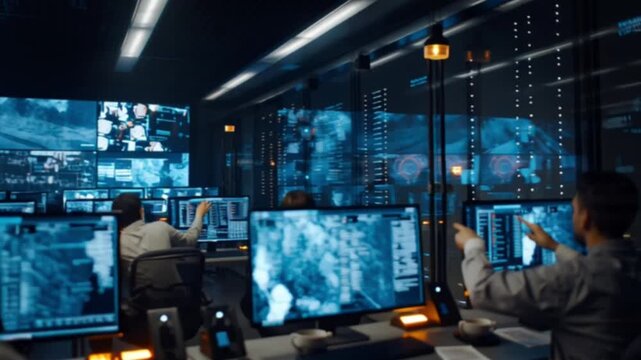 Cinematic depiction of a high-tech cybersecurity command center where experts work tirelessly under glowing monitors to regain control during a major digital breach, showcasing urgency, vulnerability - Powered by Adobe