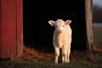 Obraz premium Cute Baby Cow Standing by Open Red Barn Door on a Rural Farm in the Evening