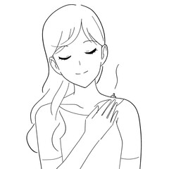 肩にお灸をする女性の白黒イラスト