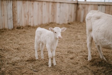 Fototapeta premium Cute Newborn Calf Stands Beside Its Mother in a Bright Barn During the Day
