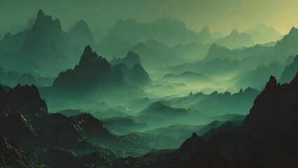 A vast, jagged mountain range shrouded in green mist, with layered peaks fading into a hazy horizon. Concept Misty green mountain range, Jagged peaks with layered ridges