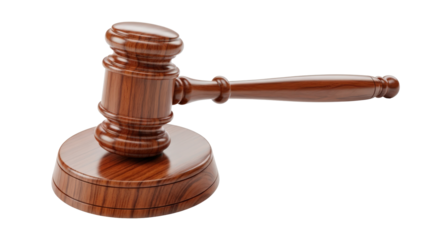 Wooden judge's gavel and sounding block symbolizing justice and law in courtroom decisions isolated on transparent background
