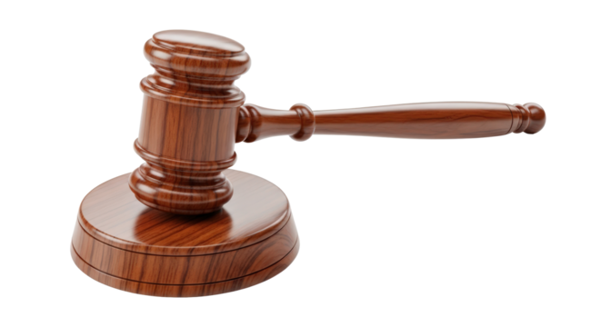 Wooden judge's gavel and sounding block symbolizing justice and law in courtroom decisions isolated on transparent background