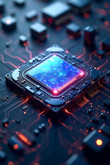 Close-up of a central processing unit with a glowing blue and red light effect, surrounded by circuit board components.