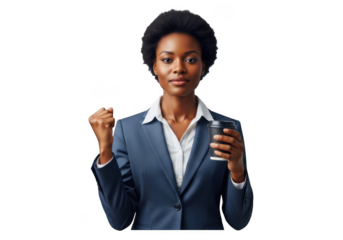 Confident african american businesswoman holding coffee cup celebrating success, corporate professionalism and achievement isolated on transparent background