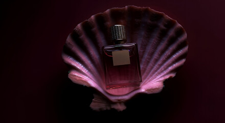 Perfume bottle in a seashell with a luxurious mood on a dark background