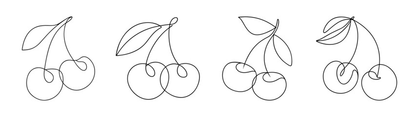 Delicate line art sketches of ripe cherries and cherry stems with leaves presented in a linear arrangement for artistic appeal