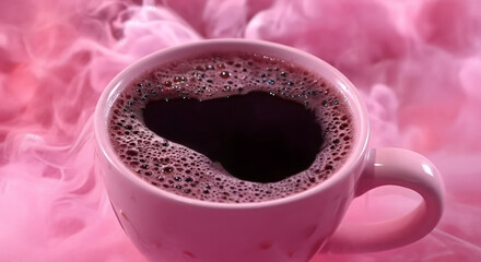 Cup of dark beverage with steam on a soft pink background