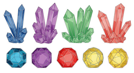 Collection of faceted gemstones and crystal clusters in blue purple green and red on black mineral