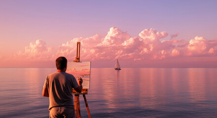Artist painting a serene seascape at sunset with sailboat in the distance

