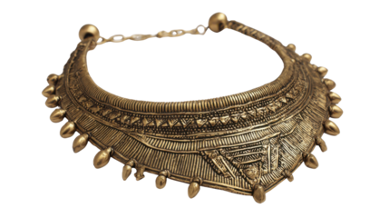 Ancient gold necklace with intricate design isolated on white background