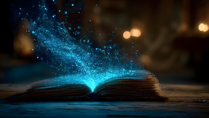 An open old book on a wooden table emits blue magical light and sparkling particles rising from its pages. Concept Mystical Book, Blue Magical Light, Sparkling Particles, Ancient Wooden Table