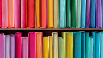 Colorful books arranged in a rainbow gradient on shelves. Concept Rainbow gradient bookshelves, Colorful book spines, Vibrant home library, Color-coordinated shelves, Decorative book arrangement