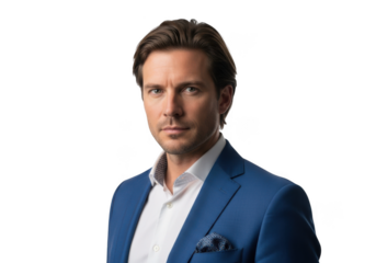 Handsome businessman in blue suit portrait cutout png image for design projects and mockups isolated on transparent background