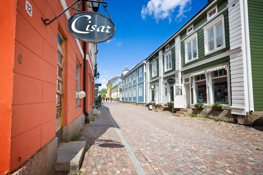 Historical buildings at Jokikatu street in the Old Town of Porvoo, Finland