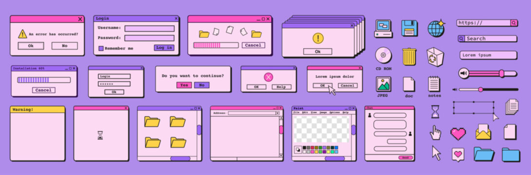 Retro vaporwave mobile and desktop interface UI set. 90s style dialog windows, chat bubbles, and icons. Flat Style Vector Illustration.