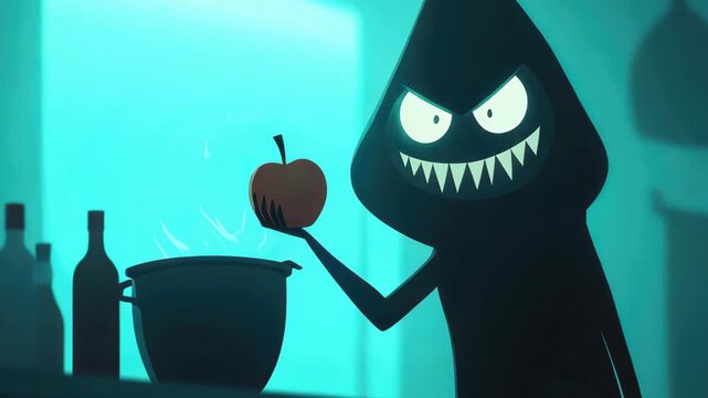 A whimsical and eerie character holds an apple in a dimly lit kitchen. The animated design creates a playful yet sinister atmosphere, perfect for imaginative storytelling.